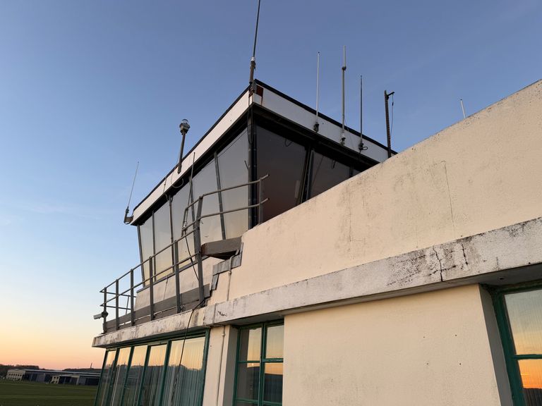 A view of the exterior of the the control tower at Brighton City Airport in Shoreham from the Art Deco terminal building